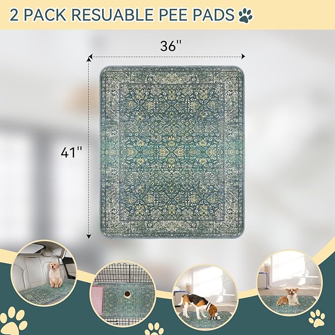 Washable Pee Pads for Dogs 2 Pack Reusable Puppy Training Pads 36"x41" Super Absorbent Waterproof Dog Training Pads, Non-Slip Potty Pads Whelping Pads Litter Mat Pet Supplies - Vintage Green