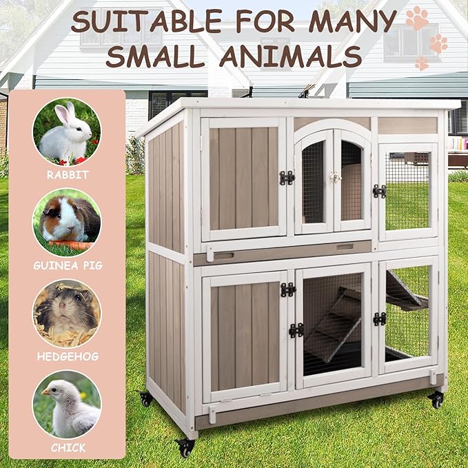 42.7" L Rabbit Hutch Indoor Outdoor 2-Story Rabbit Cage with 4 Wheels,Guinea Pig Cage Bunny Hutch with 2 Pull Out Trays,Bunny Cage with Asphalt Roof for Small to Medium Animals