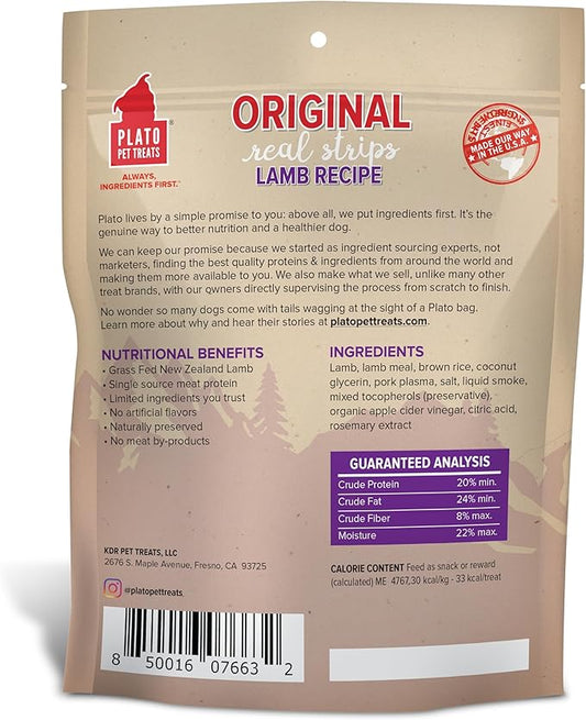 PLATO Pet Treats Real Strips - Air-Dried Meat Bars for Dogs - Delicious, Limited Ingredient Dog Treats - Grain Free Dog Treats - Original Real Strips Lamb Flavor 18oz