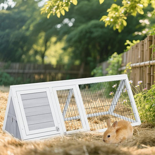 Wooden Rabbit Run Cage Indoor,A-Frame Bunny Playpen House Outdoor,Small Bunny Hutch with Ventilating Wire Fence for Puppy Rabbits (Grey)