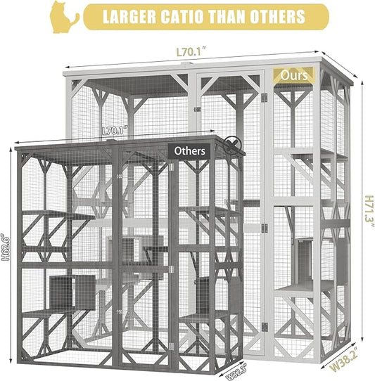 ROOMTEC Outdoor Catio with Roof 71.3" Height Large Wooden Cat Enclosure with 3 Jumping Platforms and 2 Napping Houses Cat Cage for Cat Activity (White)