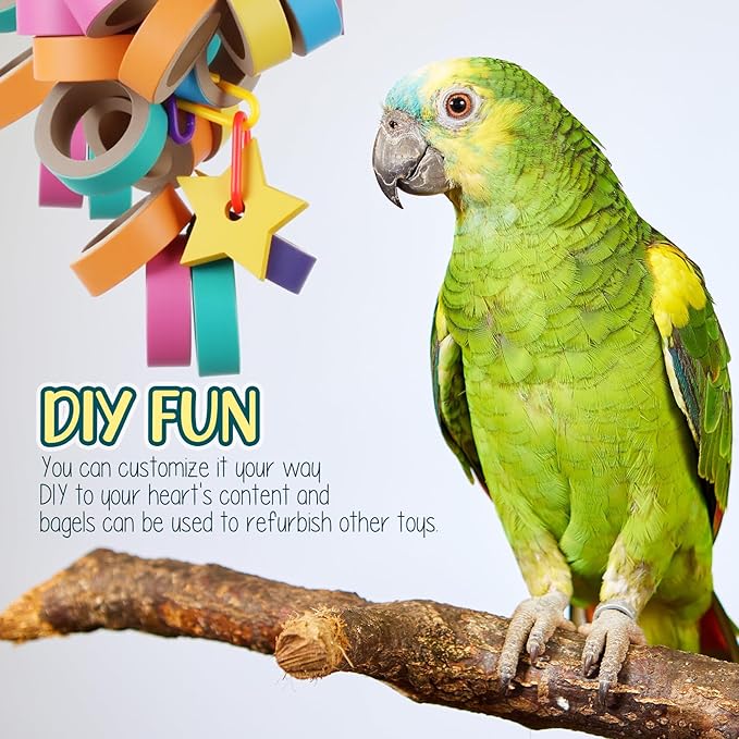 180 Pcs 1.85 Inch Bagels Bird Toys for Parrots Cardboard Bird for Chewing Shredding Foraging Play Foot Wooden Parrot Toys for Medium and Large Macaws Cockatoos