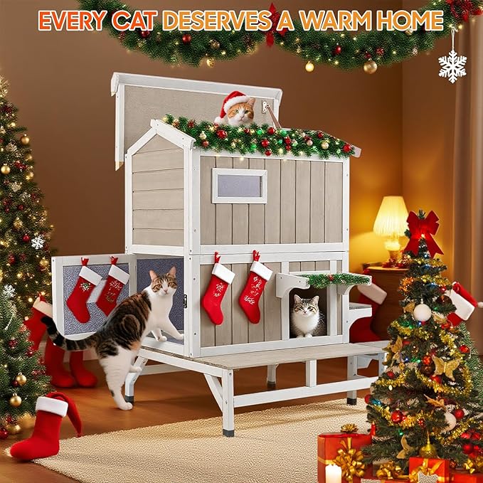 Insulated Cat House Outdoor Weatherproof with Balcony All-Round Insulation Outside Wooden Feral Cat Shelter for Winter with 3 Jumping Platforms and Openable Roof for Cats and Small Animals