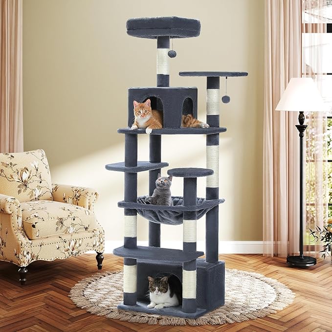 64.5-inch Tall Cat Tree for Indoor Cats, Plush Multi-Level Cat Tower with 7 Scratching Posts, 2 Top Perches, 2 Cozy Condos, Large Metal Frame Hammock & Pompoms, Sturdy Cat Playhouse, Dark Grey