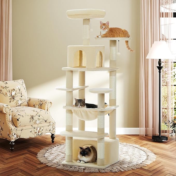 64.5-inch Tall Cat Tree for Indoor Cats, Plush Multi-Level Cat Tower with 7 Scratching Posts, 2 Top Perches, 2 Cozy Condos, Large Metal Frame Hammock & Pompoms, Sturdy Cat Playhouse,Beige