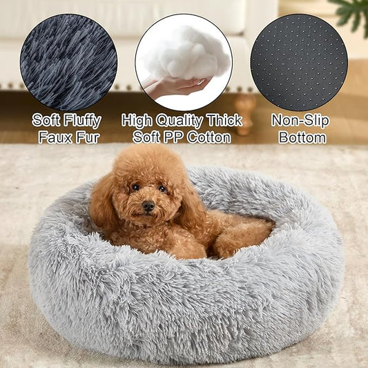 Dog Calming Beds for Small Medium Dogs - Round Donut Washable Dog Bed, Anti-Slip Faux Fur Fluffy Donut Cuddler Anxiety Cat Bed(Light Grey 32")
