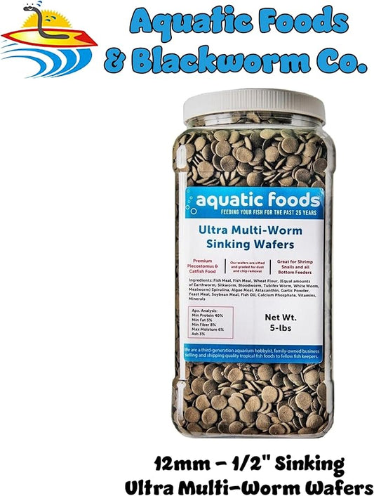 Aquatic Foods Inc. Ultra Multi-Worm 12mm - 1/2" Small Sinking Wafers for Bottom Fish, Shrimp, Snails, Crabs, Crayfish, All Tropical Fish..5-lb Lg Jar