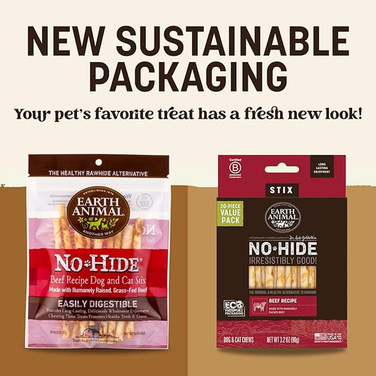 Earth Animal No-Hide Stix Beef Recipe Natural Rawhide Alternative Dog & Cat Chews - 80 Count Extra Value Pack