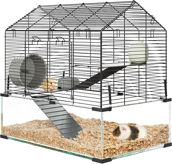 3 Tiers Large Hamster Cage - Metal Enclosure & Glass Mouse Cage with Ceramic Hideout, Running Wheel, Water Bottle & Feeding Bowl, Small Animal Habitat for Rodent Hamsters Rat Mouse Gerbil Mice