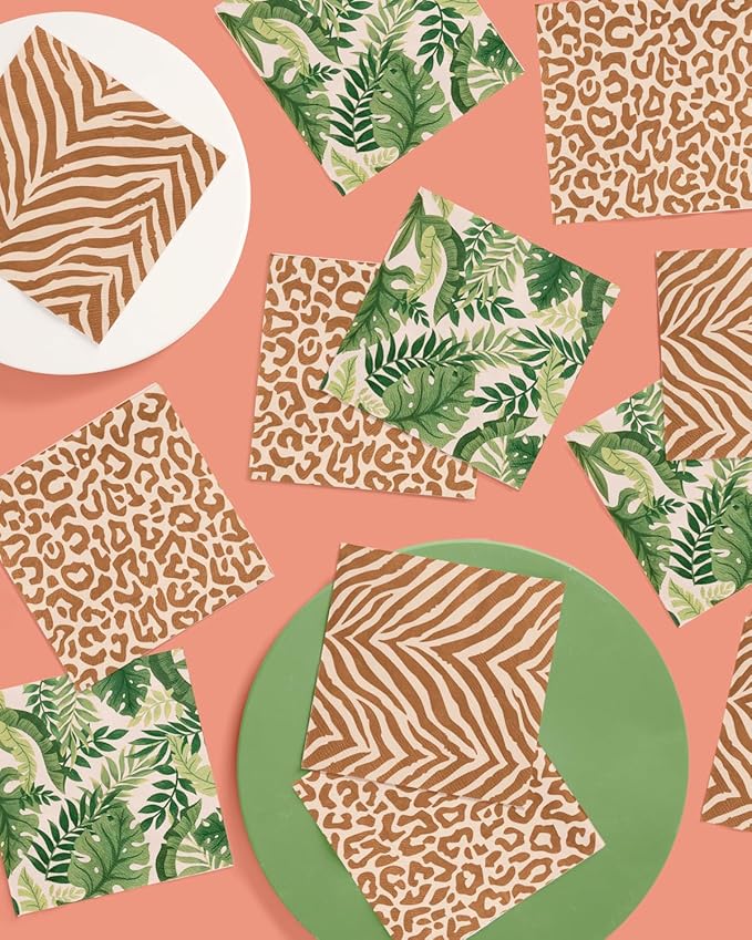 xo, Fetti Animal Print Safari Napkins - 3-ply, 24 pcs | Jungle Cocktail Napkins, Zoo Dinner Party Setting, Kids Wild Birthday Decoration, Rainforest Tablescape
