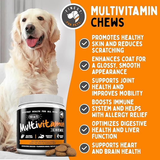 Multivitamin Dog Supplement – 10 in 1 with Omega Fish Oil & Glucosamine for Improved Joint & Skin Support, Gut, Digestion & Immune Everyday Health (120 Chewable Treats)