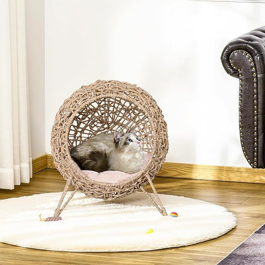 PawHut 20.5" Weaved Cat Bed, Elevated Hand-Woven Braided Banana Leaf Kitten House Condo with Cushion, Beige