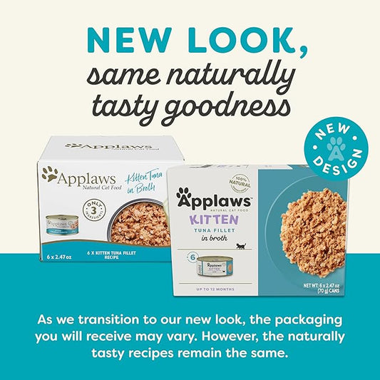 Applaws Natural Wet Kitten Food, Limited and Natural Ingredients, High Protein with No Artificial Additives, Tuna Fillet in Broth (6 x 2.47oz Cans)