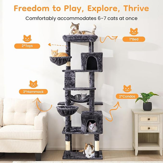 73" Multi-Level Cat Tree Tower for Large Cats with Scratching Posts, Condos, Perch, Hammocks & Toys, Large Cat Jungle Gym for Indoor Cats, Ideal for Multi-Cat Households, Grey