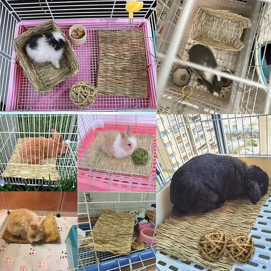 Hamiledyi Rabbit Grass Bed Natural Handmade Hay Mat Chew Balls for Rabbit Gerbil Chinchilla Guinea Pig Ferret Other Small Animals(7 Pcs)