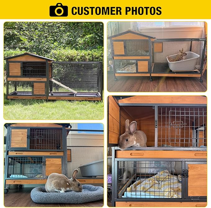 Aivituvin Rabbit Hutch 60.8" Rabbit Cage Indoor Outdoor Guinea Pig Cage on Wheels Bunny Cage with 3 Deep No Leakage Pull Out Tray,Waterproof Roof
