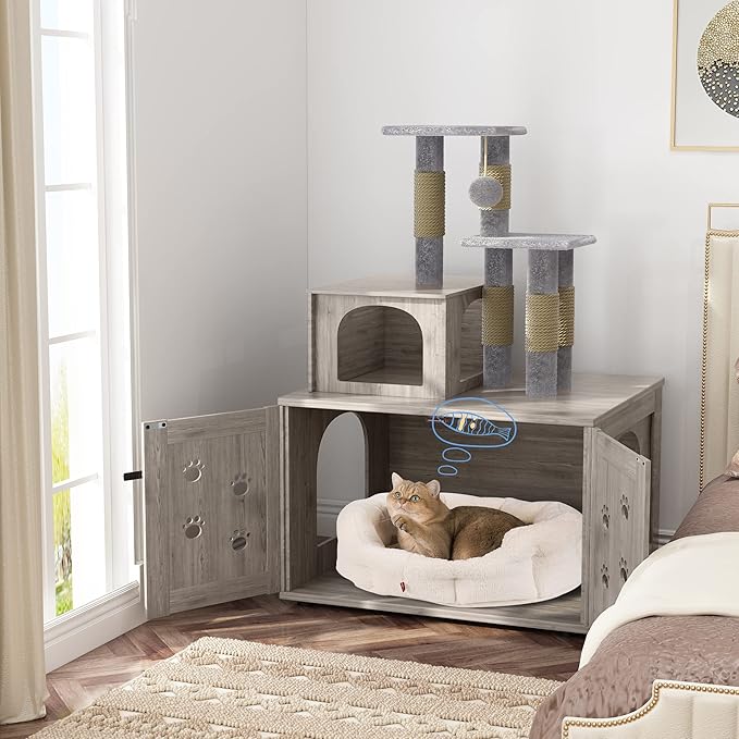 DKLGG Litter Box Enclosure with Cat Tree, Large Cat Tree with Hidden Litter Box Enclosure | All-in-one Indoor Kitten House w/Sisal Scratching Post, Plush Perch Platform & Divided Condo (Grey)