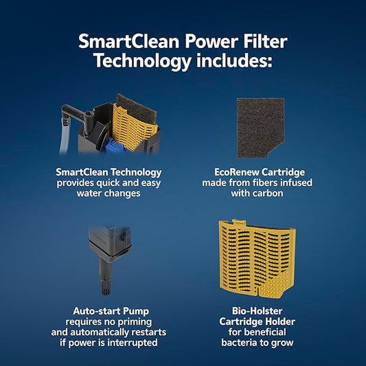 Aqueon SmartClean Power Filter with EcoRenew Filter Cartridge, Quick and Easy Water Changes, Quiet Operation, Adjustable Flow, for 30-50 Gallon Freshwater and Saltwater Aquariums, Large