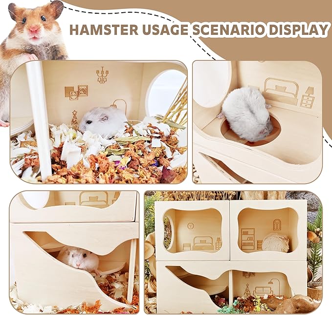 Hamster Hideout Wooden House,Hamsters Multi Chamber Hideout,Small Animal Habitat for Clear Observation,Hamster Toys for Dwarf Hamstersm,Gerbils, Hedgehogs, Rats, Mice(Living Room)