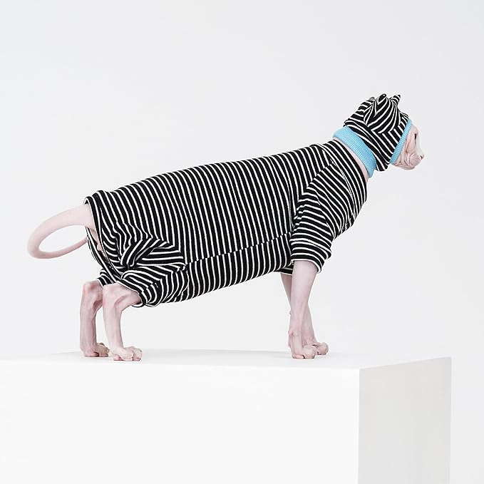 Sphynx Cat Clothes Black Stripe Breathable Shirts Suit, Pet Hat and Shirt Set (XX-Large)