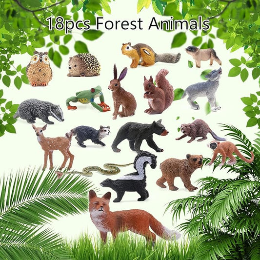 SIENON 18Pcs Forest Animals Figures Toys, Baby Woodland Animals Figurines, Miniature Animals Toys with Owl Hedgehog Fox Squirrels Bear Monkey Deer Wolf for Woodland Theme Cake Cupcake Toppers