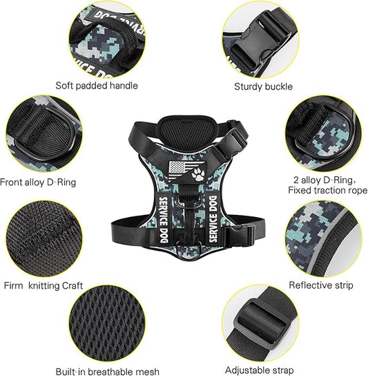 Demigreat Service Dog Harness, Reflective Dog Vest Harness with 5 PCS Patches, Adjustable Soft Oxford Pet Harness, Inner Layer Mesh, Easy to Control for Dogs
