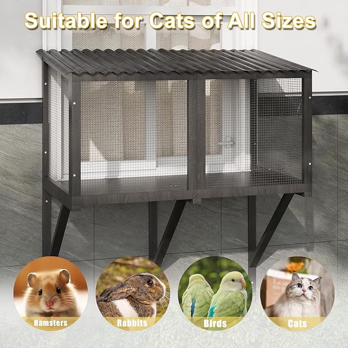 ROOMTEC Cat Catio, Cat Window Box for Indoor Cats Wooden Cat Window Perch for Multi Cats All Weather Use Outdoor Haven Enclosure for Safely Enjoying The Outdoor Sights Scents and Napping,Grey