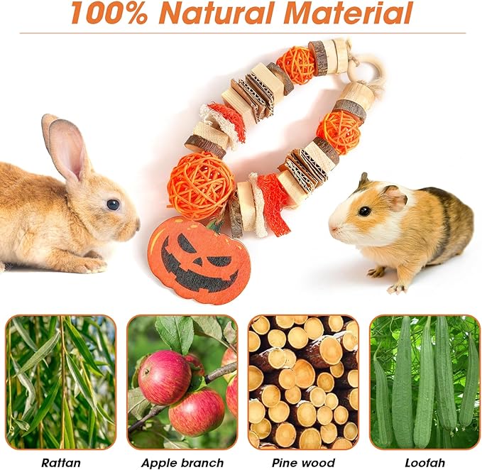 Rabbit Toys for Bunnies, Natural Guinea Pig chew Toys for Teeth for Chinchilla Toys Guinea Pigs Bunny Hamsters Ratsand Other Small Pets Teeth Chew Grinding Toy Hanging Halloween-Themed