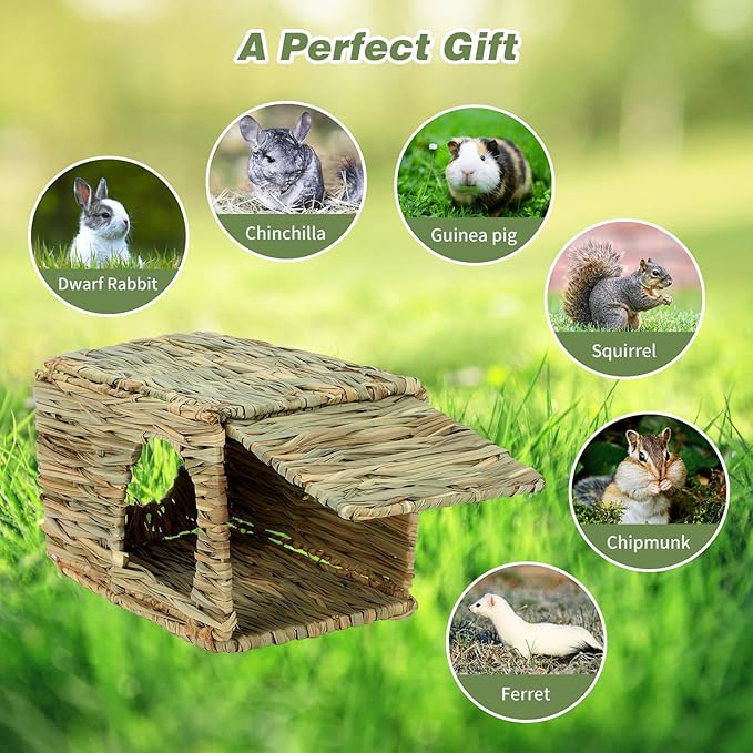 BWOGUE Bunny Grass House Natural Seagrass Bed Hideaway Toy Rabbit Hideout Hay Mat Chew Toys Guinea Pig Comfortable Hut for Bunny Hamster Chinchilla Small Animals