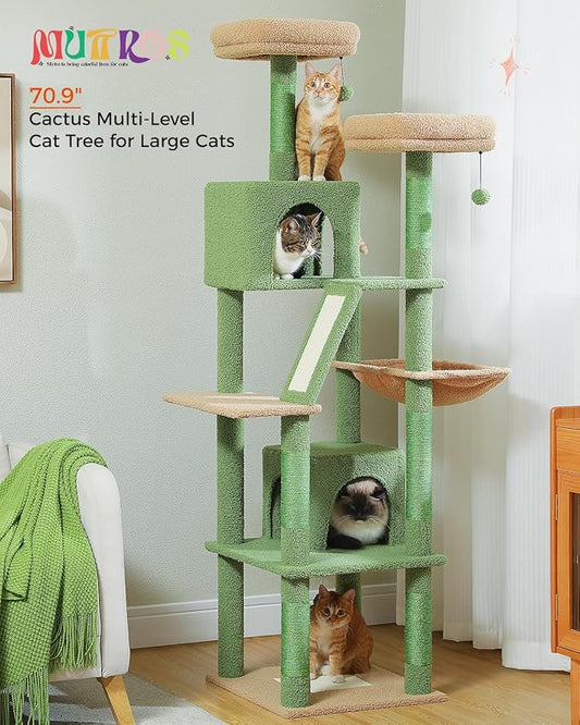 Cactus Cat Tree, 70.9" Tall Cat Tree for Indoor Cats, Large Cat Tree for Large Cats, Multi-Level Tall Cat Tower with 6 Scratching Posts, 2 Cat Condos, 2 Perches, Large Hammock, Pompoms, Green