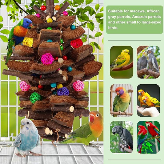 Kyouki Bird Toy for Parrots,Cockatiels, Budgies, Conures, Macaws, Lovebirds, Amazons and Other Small/Medium/Large Birds - Chewable & Shreddable Natural Coconut Husk Enrichment Toy (Large)