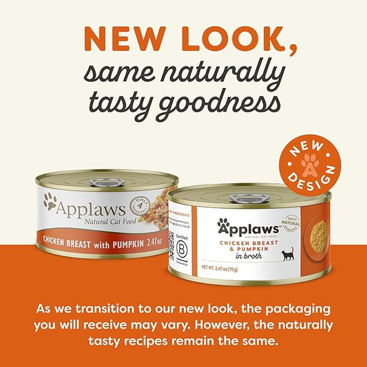 Applaws Natural Wet Cat Food, 24 Count, Limited Ingredient Canned Wet Cat Food, Chicken with Pumpkin in Broth, 2.47oz Cans