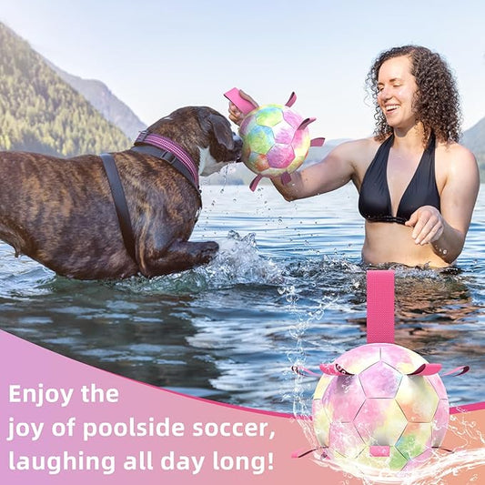 QDAN Dog Toys Soccer Ball with Straps,Gradient Interactive Dogs Toys for Tug of War, Puppy Birthday Gifts,Water Toy Durable Dog Balls World Cup for Small & Medium Dogs-Rainbow(8 Inch)