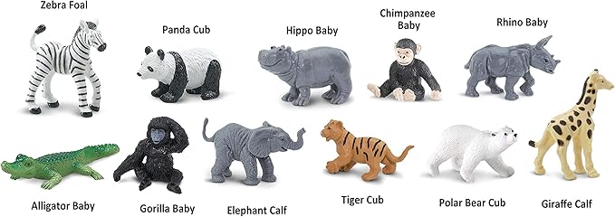 Safari Ltd. Zoo Babies TOOB - 11 Figurines: Zebra, Panda, Hippo, Chimpanzee, Rhino, Alligator, Gorilla, Elephant, Tiger, Polar Bear, Giraffe - Educational Toy Figures For Boys, Girls & Kids Ages 3+