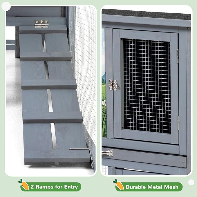 COZIWOW Large Rabbit Hutch Outdoor Indoor, 94.5" L 2-Level Bunny Cage for 2 or More Small Animals, Wooden Pet House with Removable Tray & Multiple Entrances (Modern Grey)
