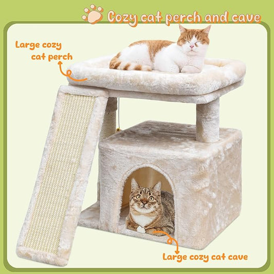 Small Cat Tree for Indoor Cats, Cat Tower with Scratching Post, Perch and Cozy Condo for Kittens and Adult Pets(Beige)