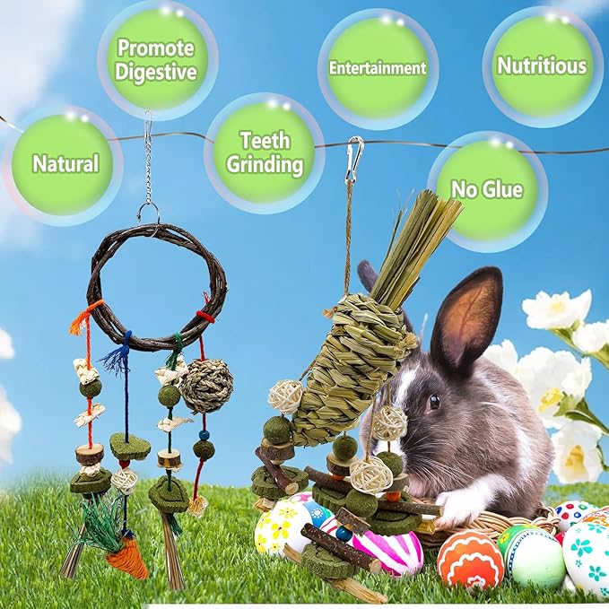Rabbit Chew Toy, 2Pcs Bunny Cage Hanging Chew Toy & Treats,Natural Material Handwoven Chinchilla Rattan Ring Treats Toys for Guinea Pigs Hamsters Rats and Other Small Pets Teeth Grinding