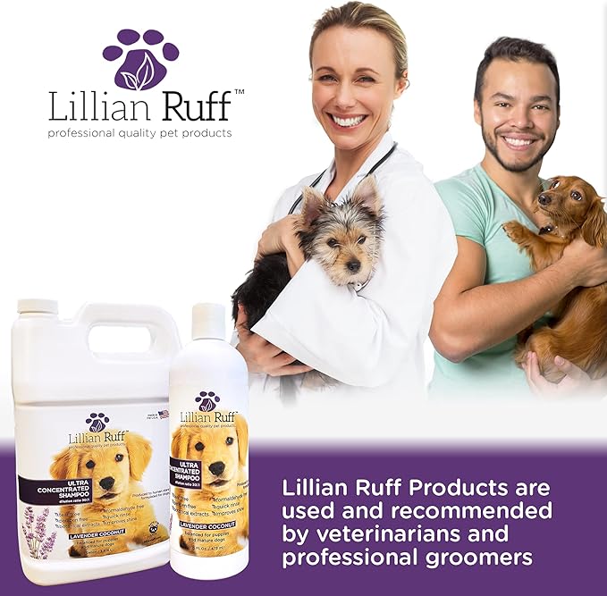 Lillian Ruff PRO Formula Ultra Concentrated Dog Shampoo – Makes 4 Gallons/30 Bottles, 30:1 Dilution, Professional Pet Shampoo for Sensitive Skin | Deodorizing & pH-Balanced Made in USA 16.9oz + Brush