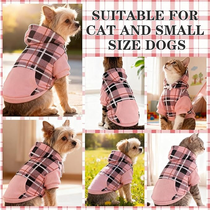 EXPAWLORER Plaid Cat Hoodie - British Style Warm Cat Sweater Shirt with Leash Hole,Pet Clothes Outfits,Winter Coat Apparel for Puppy Cats Girl Boy-Kitten Apparel,Pink M