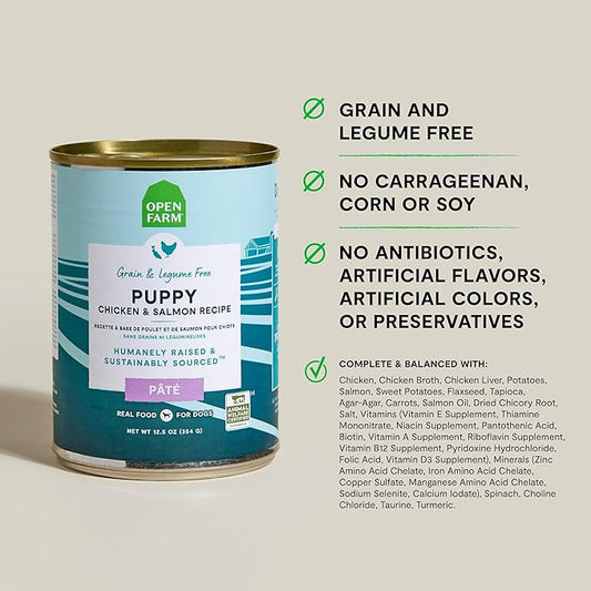 Open Farm Canned Puppy Food, Paté for Complete & Balanced Nutrition, Grain-Free and Legume-Free, Chicken & Salmon Recipe for Puppies, 12.5oz Cans (Pack of 12)