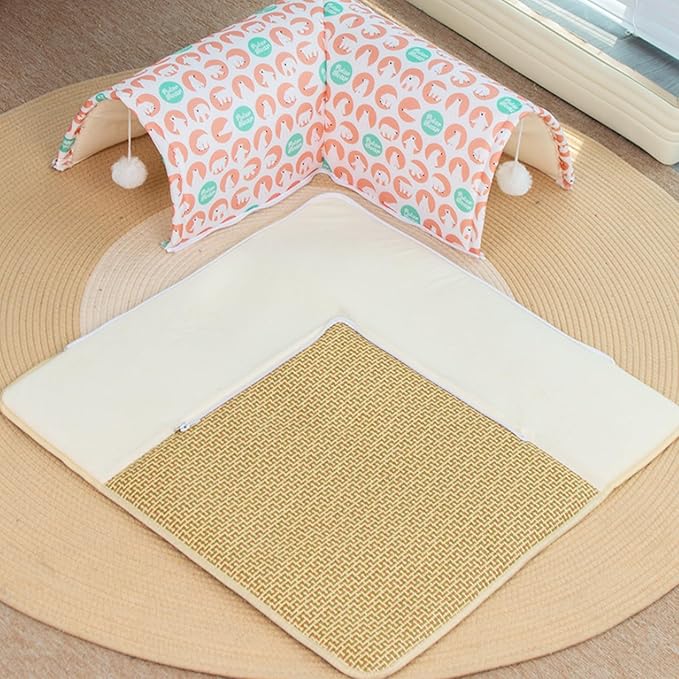 Rabbit Tunnel with Cooling Mat - Detachable Washable Pet Bed for Rabbits, Guinea Pigs, Chinchillas - Ventilated Floor Play Mat for Cats, Small Animals & More