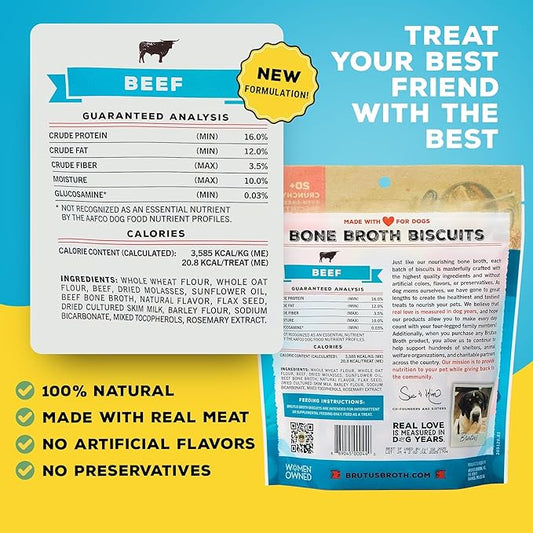 Brutus Bone Broth Biscuits (Beef) - Healthy Treats - Natural Dog Biscuits with Bone Broth and Real Beef for Healthy Joints - 18 Grams of Protein - 8 OZ (Pack of 6)