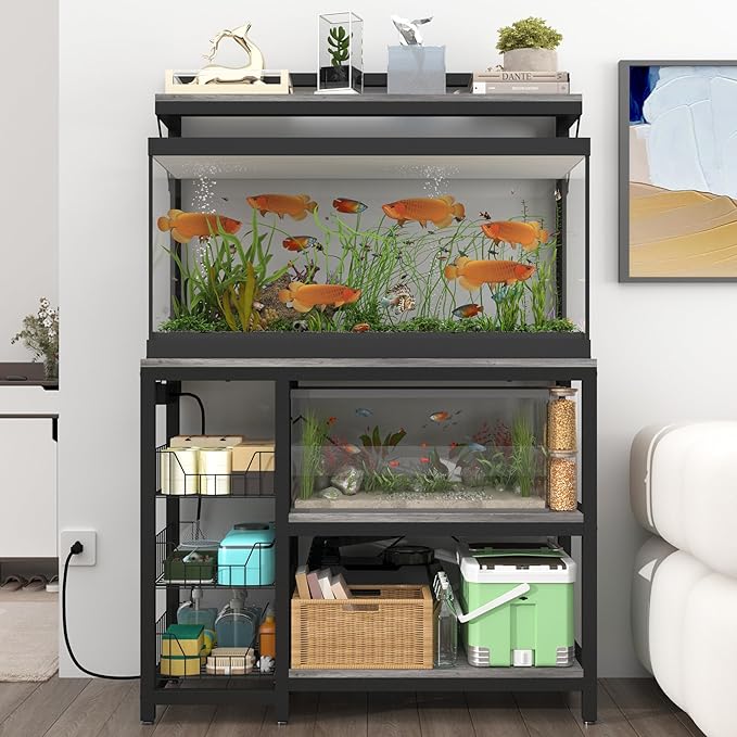 Aquarium Stand with Power Outlets,55-70 Gallon Fish Tank Stand with 3 Baskets,2 Storage Shelf , 5-Tier Heavy Duty Metal Tank Stand Suitable for Turtle Tank, Reptile Terrarium