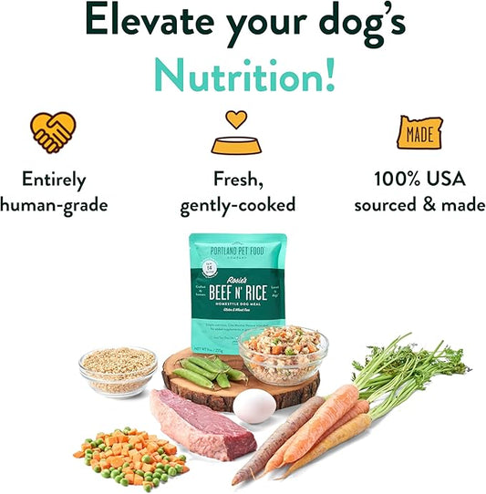 Portland Pet Food Company Rosie’s Beef N' Rice Fresh Dog Food Pouches - Human-Grade, Gluten-Free Wet Pet Meal Topper & Mixers - Small & Large Breed Puppy & Senior Dogs - Made in The USA - 8 Pack