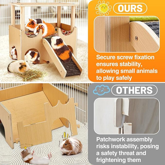 Large Wooden Guinea Pig Hideout - 2 Tierd Sturdy Guinea Pig House Castle, Small Animal Bed with Stairs, Easy to Install for Hamsters Chinchillas Bunny Playing Hiding