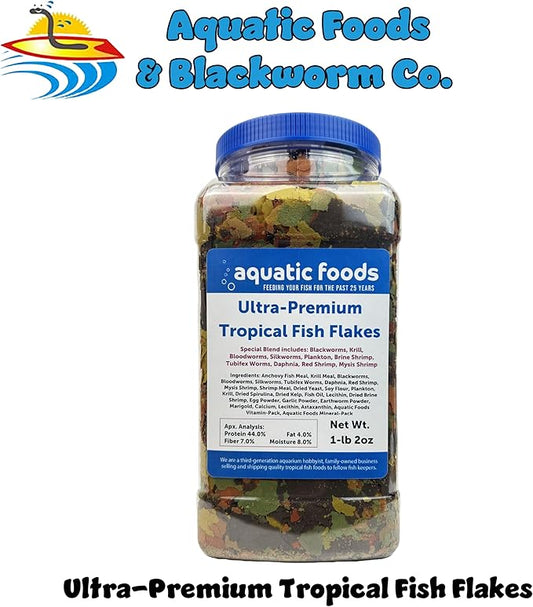 Aquatic Foods Inc. Ultra Premium Tropical Fish Flakes with Krill and Shrimp Meal, Spirulina for All Tropical Fish Also Pellet Mix, Wafer Mix Included…1-lb 2oz