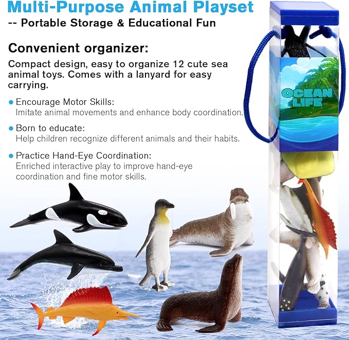 12 pcs Animal Sea Figures Ocean Toy for Kids: Sharks, Whales & Octopus-Sea Animal Toys Set,Gifts for Kids & Toddlers-Ages 3