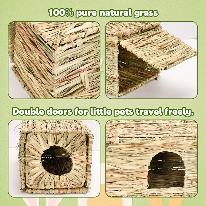 Grass House for Rabbits,Sangle Sopffy,Hand Woven Bunny Grass House,Natural Grass Hideaway for Bunny Guinea Pig Chinchilla Ferret Hamster Squirrel with Rabbit Chew Toys (2 Pack, 10.2*11.4*14.5 inch)