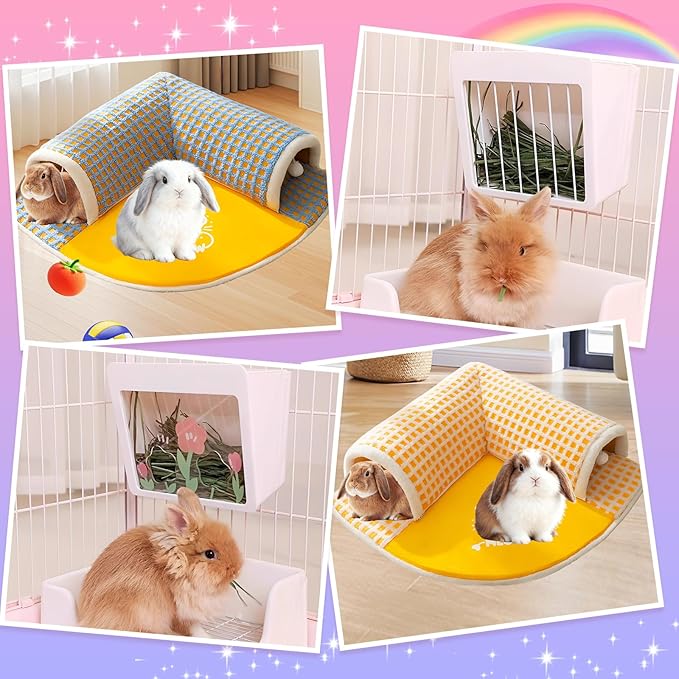 Hanging Rabbit Hay Feeder with Lid - No Waste Slow Feed Hay Rack for Rabbits, Guinea Pigs & Small Pets - Sturdy White Design, Easy to Fill & Clean, Cage Mounted Bunny Hay Holder (Set)