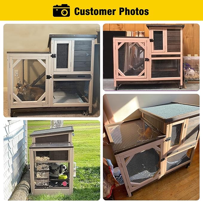 Rabbit Hutch Cage Outdoor and Indoor Bunny Hutch on Wheels with Two Deeper No Leak Trays, Guinea Pig Cages Rabbit House (Coffee Color)
